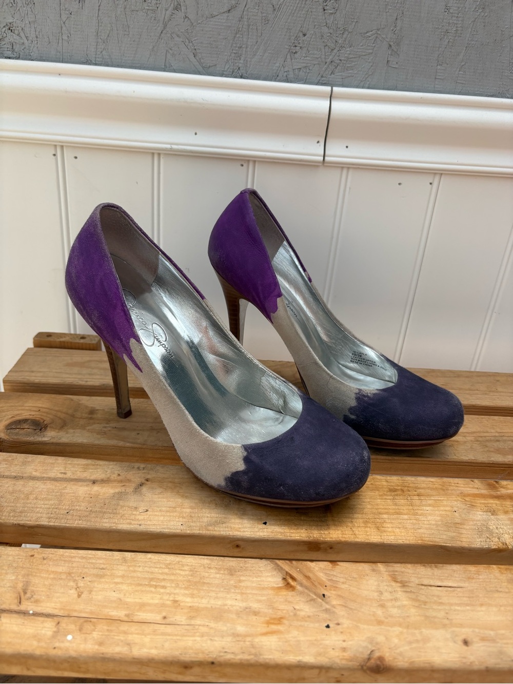 Jessica Simpson Purple, Tan and Dark Purple Suede Colorblock High Heels